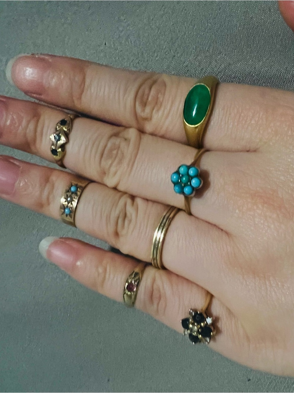 Antique Victorian 10K Gold Turquoise & Pearl Gypsy Ring | Size 0 Midi Ring - Picture 2 of 9